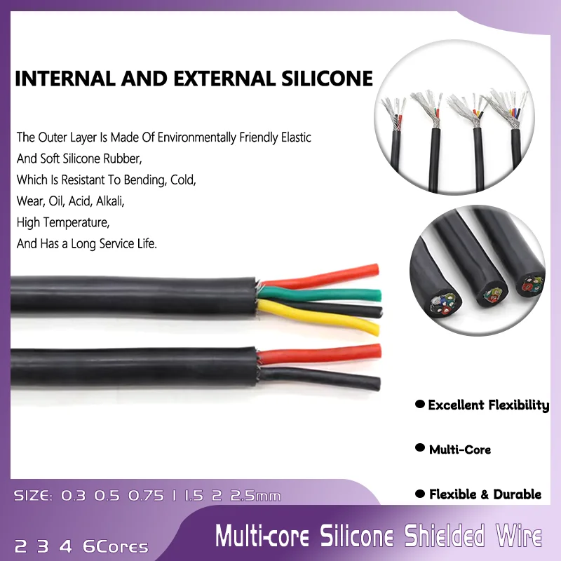 

0.3 0.5 0.75 1 1.5 2 2.5mm 1/5/10m Silicone Rubber Shielded Cable 2 3 4 6Cores Insulated Flexible Copper High Temperature Wire