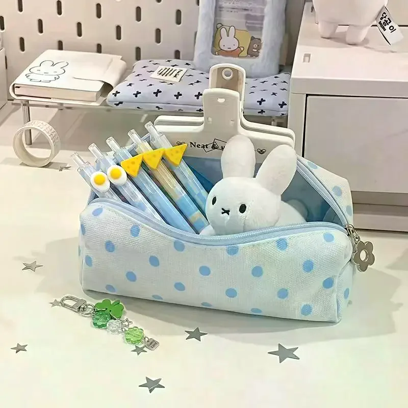 Cute Canvas Pencil Case With Blue Polka Dots And Flower Zipper Pull Perfect For Students School Stationery Storage