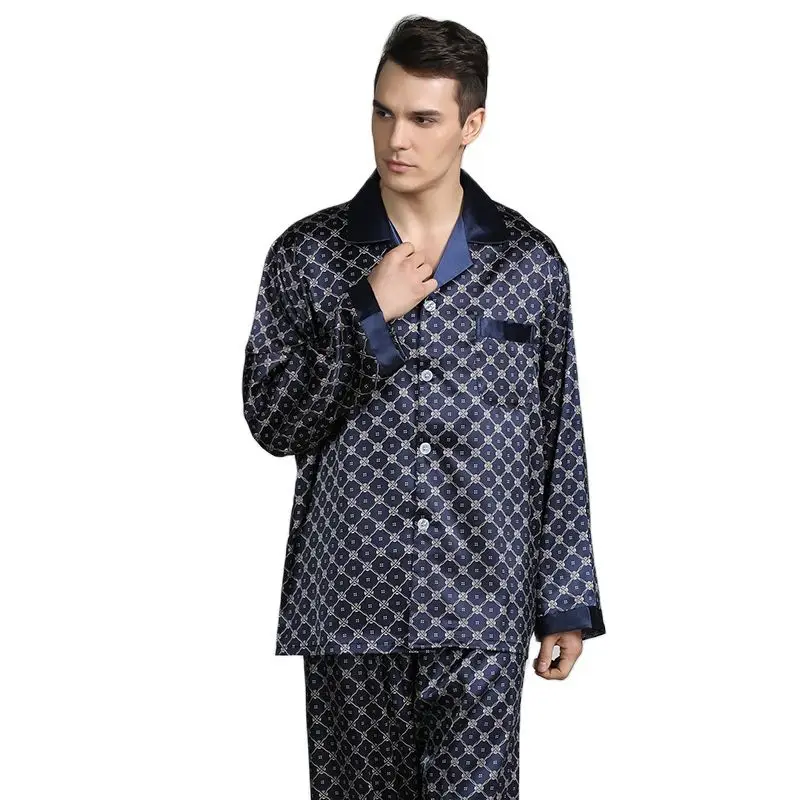 Casual Sleepwear Men Pajamas Set 2PCS Shirt&Pants Satin Faux Silk Nightwear Print Pijamas Soft PJS Set Intimate Lingerie