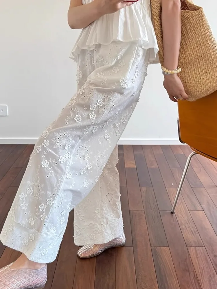 

Брюки унисекс с высокой талией, с роскошной отделкой кружевом и вырезами, повседневные, летние, свободные, тонкие, прямого кроя, длинные