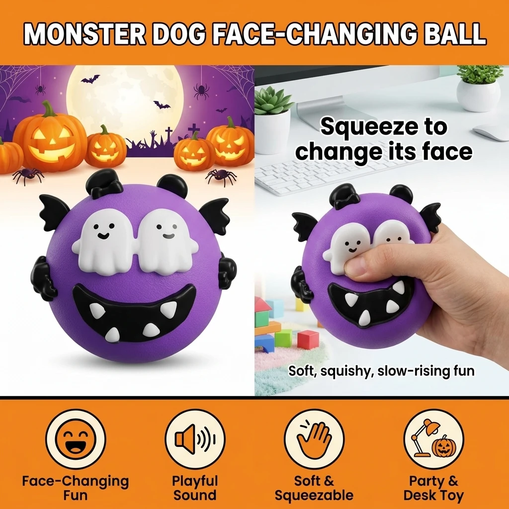 Squeeze-Ball Stress Relief Monster Dog Toy for Halloween Party Kids Office Desk Use TPR Soft Rubber Face Changing Sound Ball