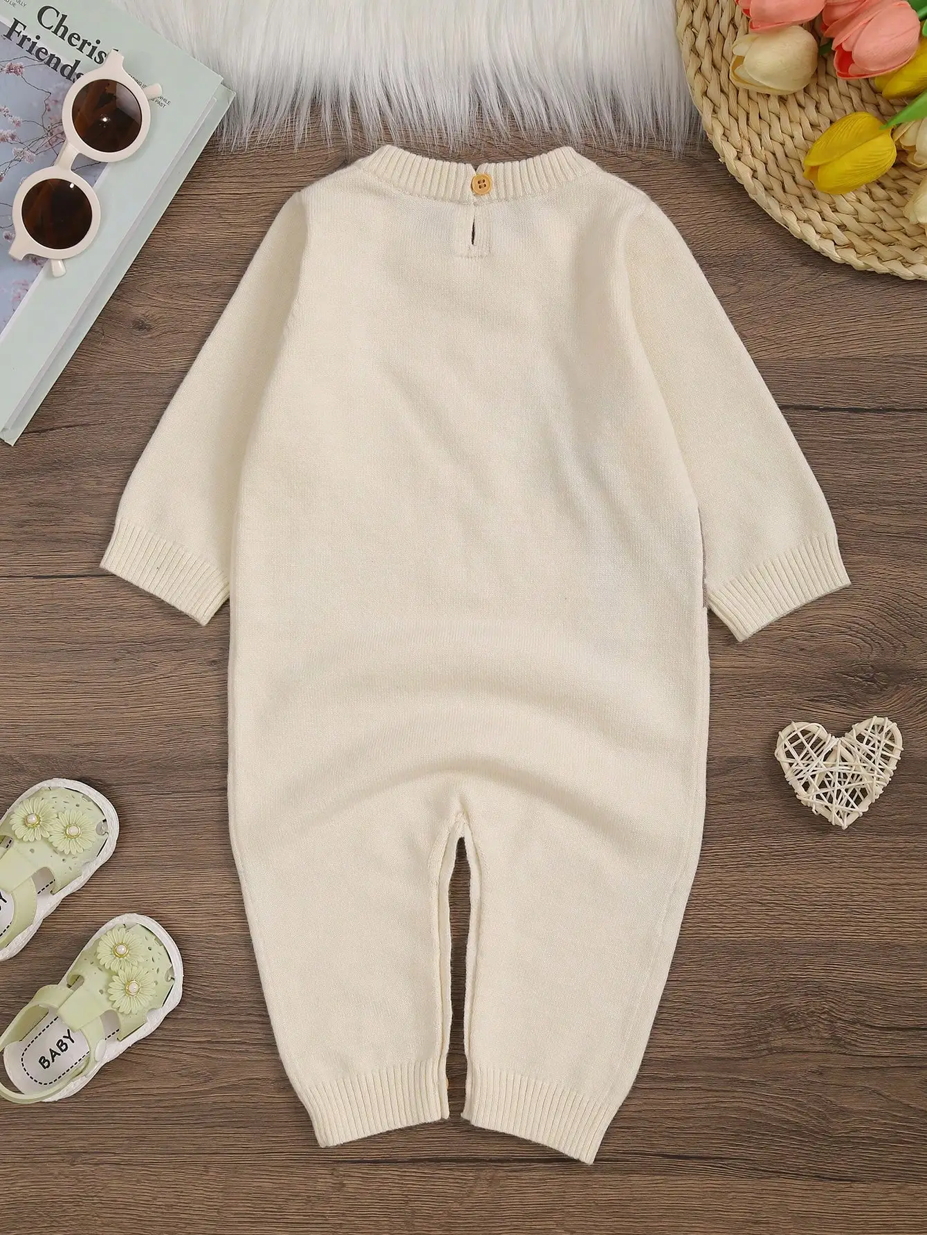 Baby Girl's Knitted Long-Sleeved Romper with Deer Pattern