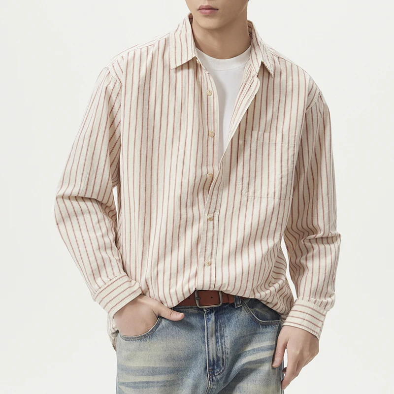 

Men Cotton Linen Casual Commute Loose Long Sleeve Simple Fashion Stripe Shirt Male Vintage Fashion Plus Size Shirts Clothes