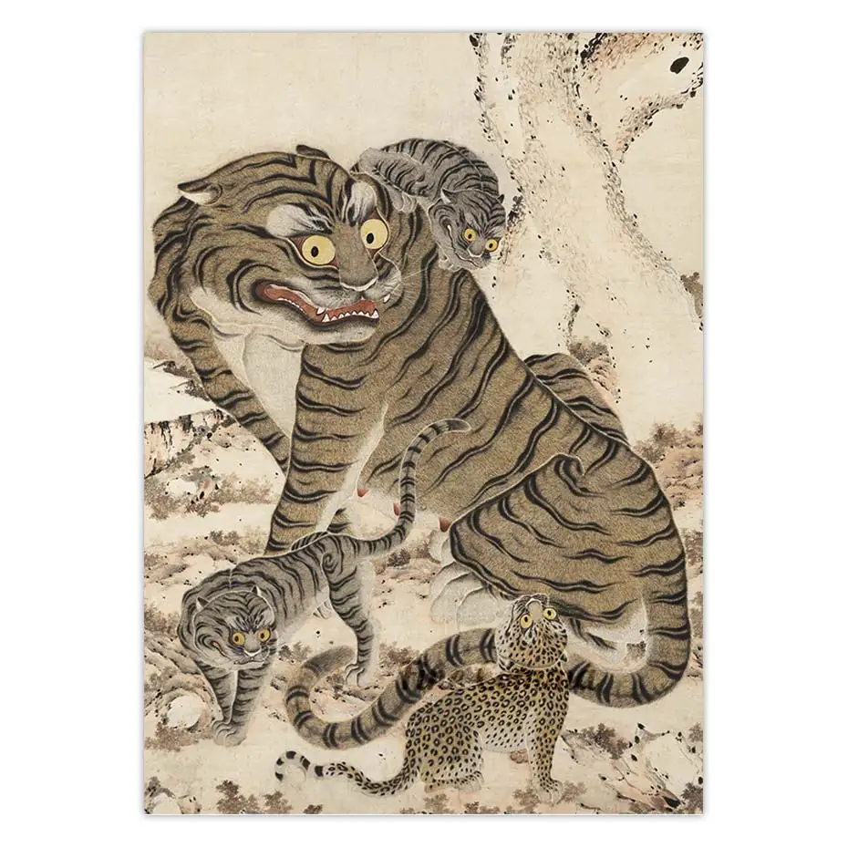 Big Eyes Tiger Family Vintage Korean Art Poster Asian Animal Wall Art Canvas Print Antique Painting Home Decor Housewarming Gift