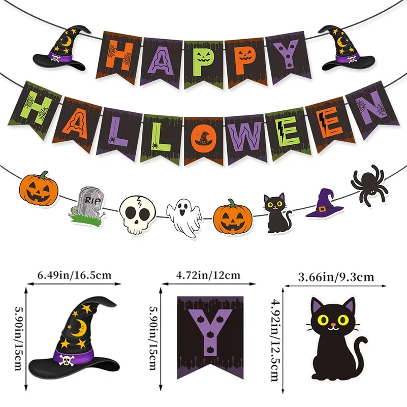 Halloween Party Decorations Set Happy Halloween Banner Trick or Treat Garland Spider Web Hanging Swirls Cupcake Toppers Balloons