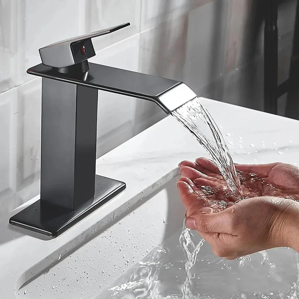 

Black waterfall hot and cold faucet wash basin countertop basin bathroom cabinet splash proof basin faucet kitchen