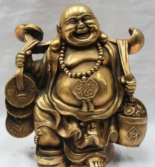 Lucky Chinese Brass Buddhism Happy Laugh Money Yuanbao Maitreya Buddha Statue