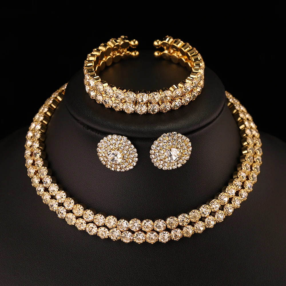 TREAZY Gold Color Crystal Rhinestone African Bridal Jewelry Sets Choker Necklace Earrings Bracelet Set Women Wedding Accessories