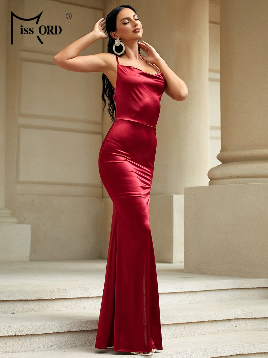 Missord Red Satin Wedding Party Dress Women Spaghetti Strap Open Back Thigh Split Bodycon Prom Dresses Long Evening Gown