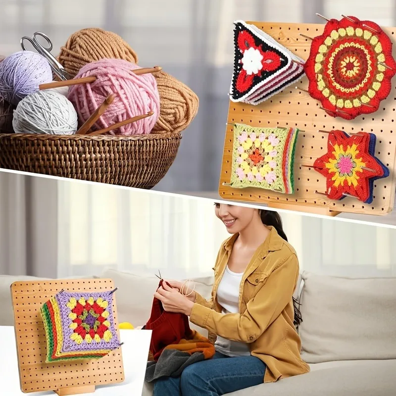 Wooden Crochet Shaping Board, Square Threading Board with Fixed Rod and Needle Pad, Precise Positioning of Yarn view 6