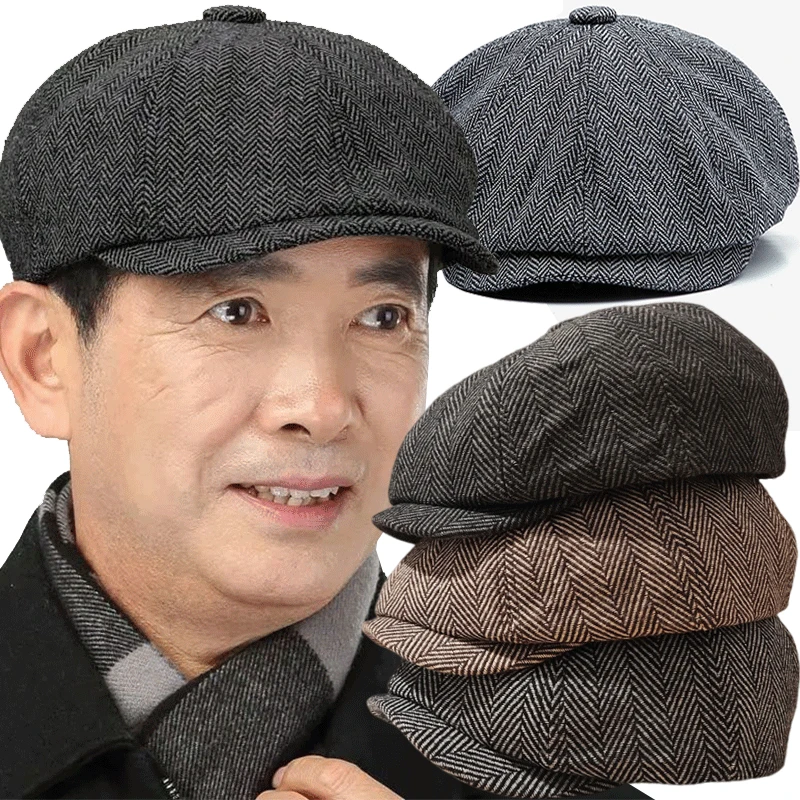 Retro Tweed  Hat Men Beret Gatsby Beret Hats Street Caps Peaked Octagonal with Brim Caps Winter Spring Hip Hop Beret