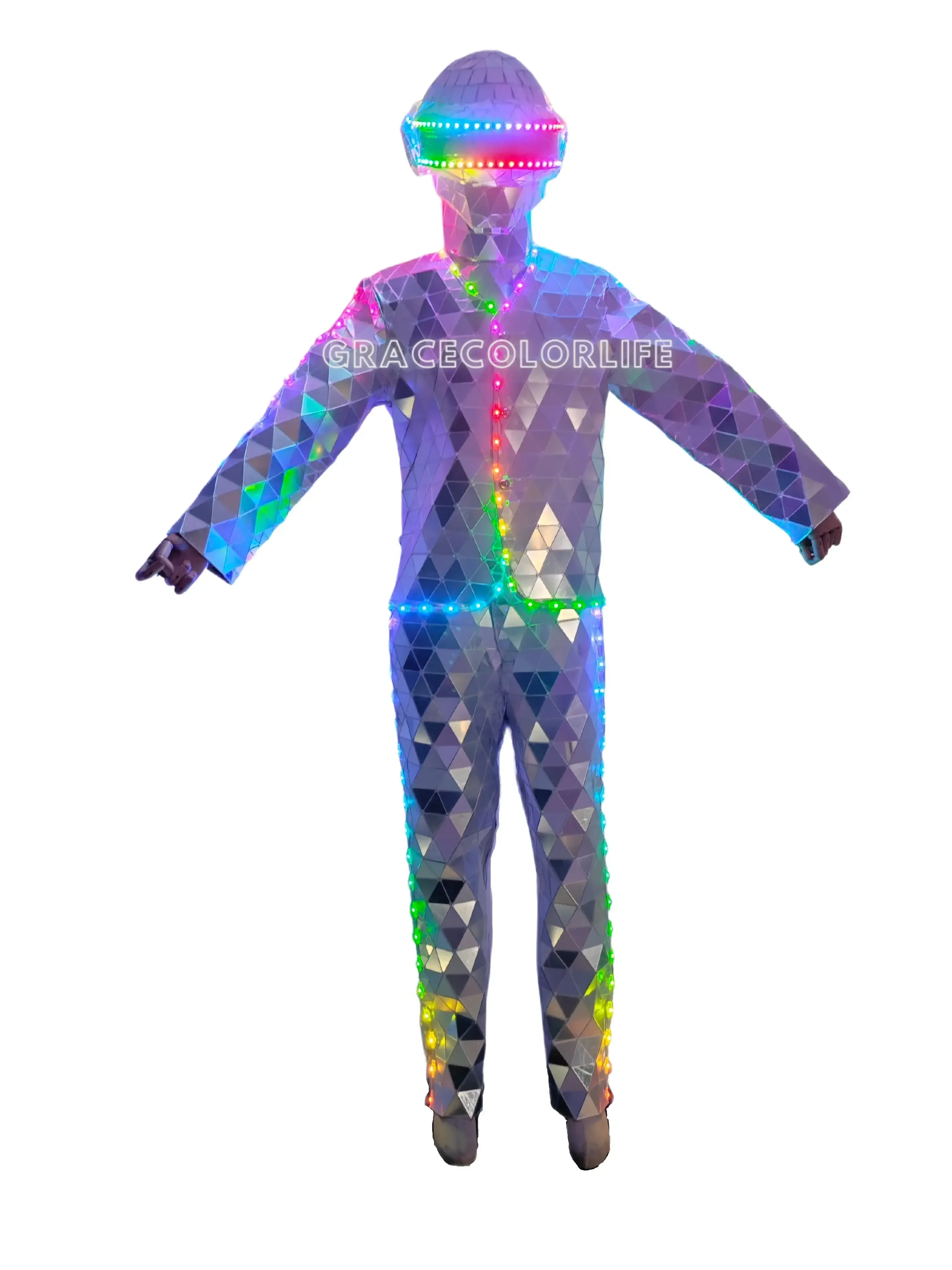 2023 Halloween Silver Stilts Walker LED Mirror Man Show Stage Dress Hand Sewn Performance Mask Costume Glass Cosplay Clothing