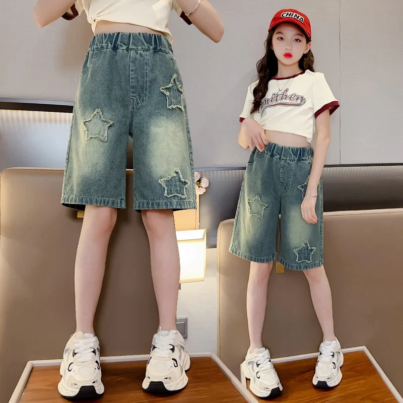 Summer Teen Girls Jeans Short Five-pointed Star Print Loose Denim Shorts For 5-14 Years Kids High Waist Straight Casual Trousers