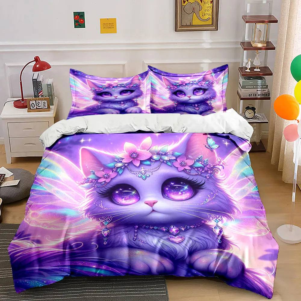 Enchanted Purple Fairy Cat Wings Printed Duvet Cover Set1 Duvet Cover+2 PillowcaseMulti Size Bedroom Bedding Decor