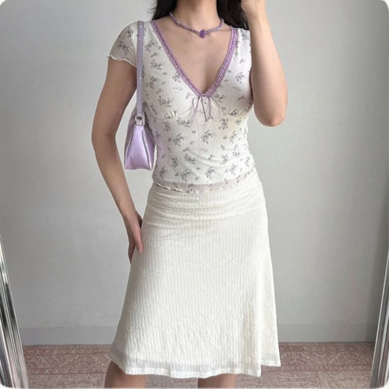 Deeptown Elegant Women Short Skirt Vintage Fairycore Asymmetrical Ruffle Skirts Korean Style Sweet Fashion Summer A-line Skirts