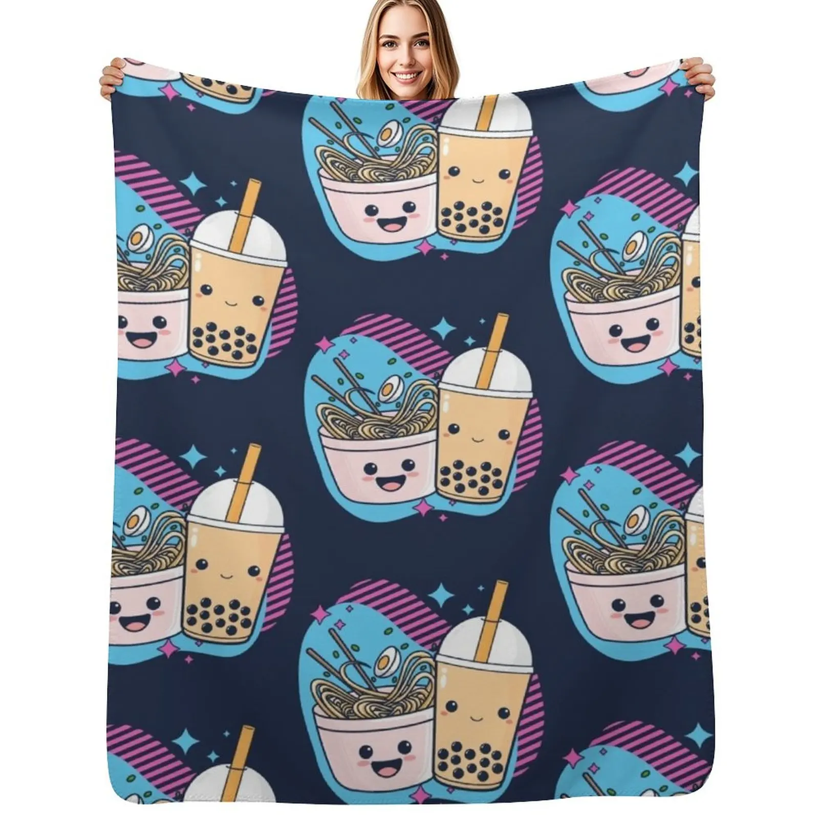 

Kawaii Ramen And Boba Tea Throw Blanket Soft Sherpa Fleece Warm Blanket for Winter