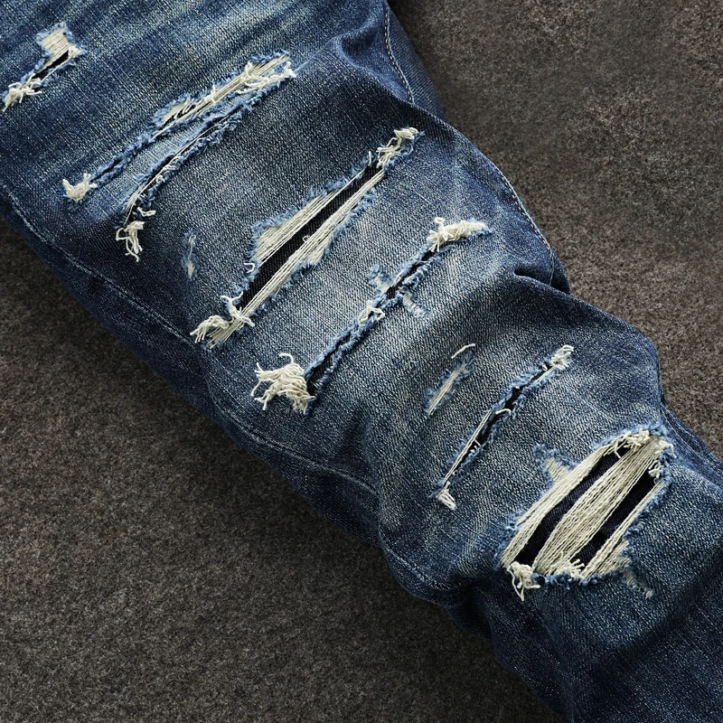 Street Designer Fashion Men Jeans High Quality Vintage Blue Stretch Slim Fit Patched Ripped Jeans Men Y2K Hip Hop Denim Pants