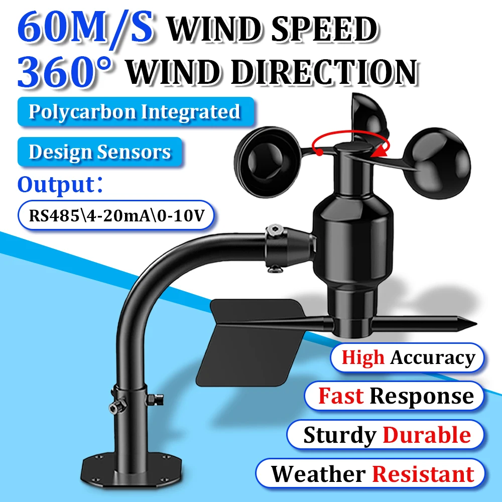 New 0-60m/s Polycarbonate Wind Speed Sensor 360° Wind Direction Integrated Wind Speed and Direction Transmitter High-Precision