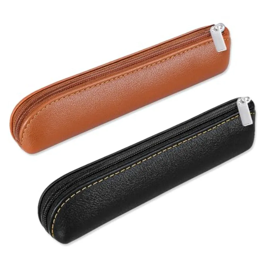 

2pcs Leather Pencil Case, Small Pencil Pouch Portable Zipper Bag Cute Slim Makeup Bag Soft Simple Office Stationery Pouches for