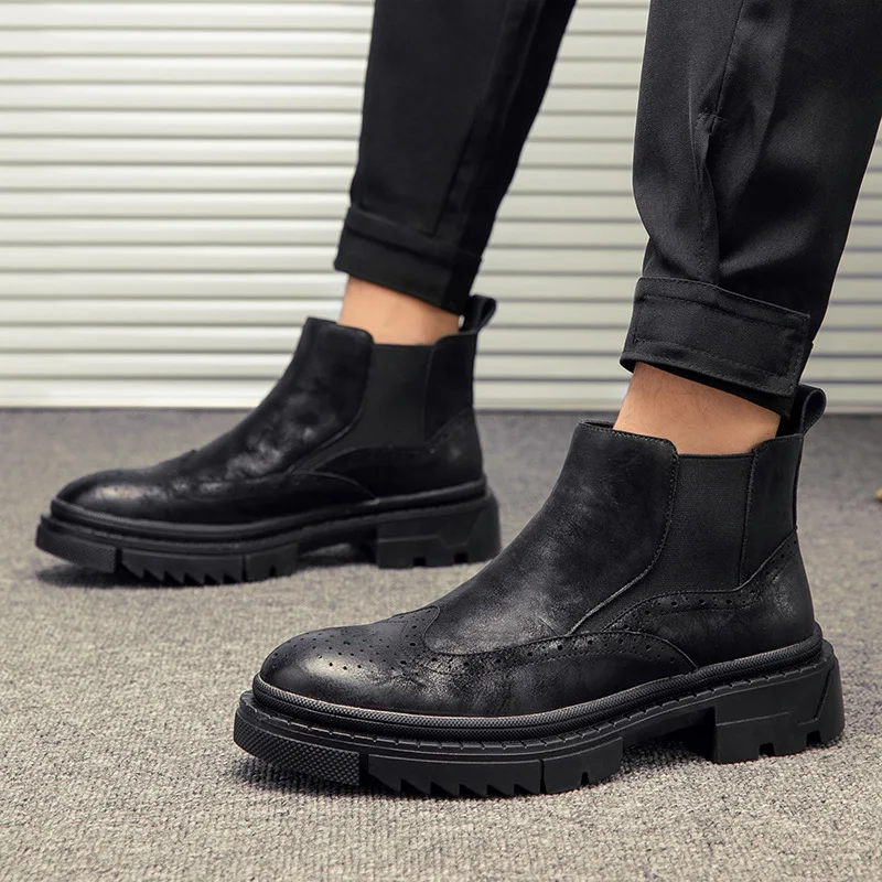 fashion brogue chelsea boots for men genuine leather bullock shoes cowboy platform boot designer vintage ankle botas man botines