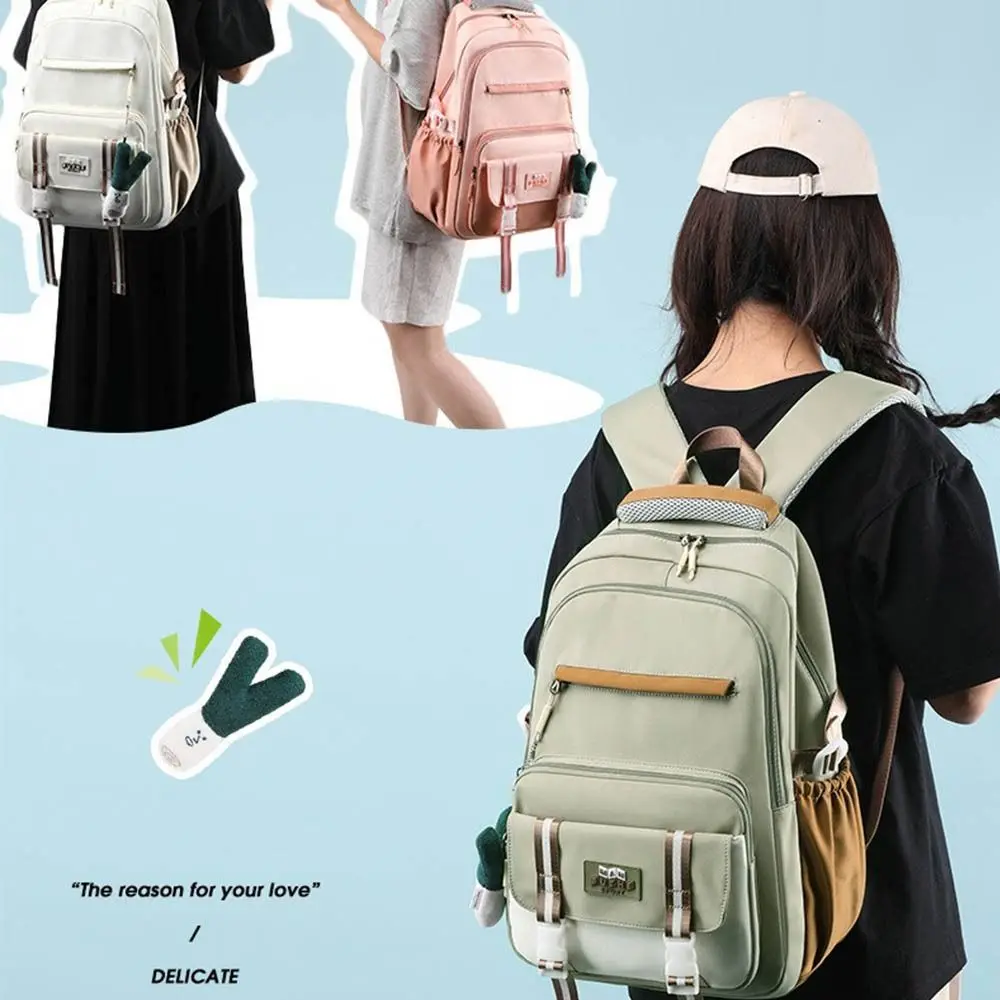 

Cute Nylon Large Student School Bag Waterproof With Cute Pendants Backpack Capacity Leisure Schoolbag Travel