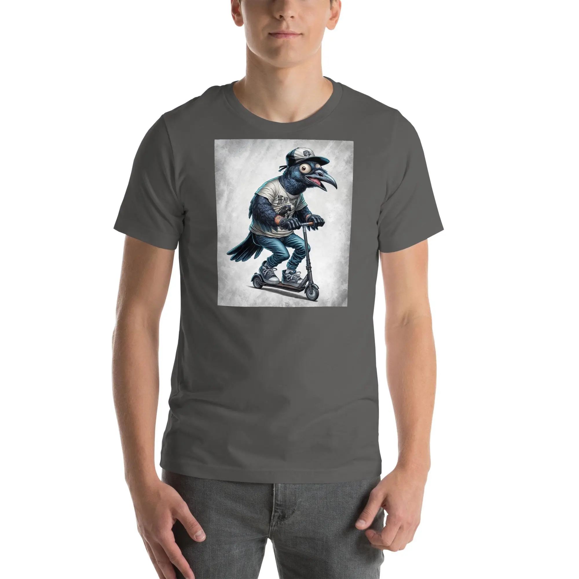 

Bird riding a scooter T Shirt Raven tee men s animal Artistic clothing Street art apparel Hand Drawn