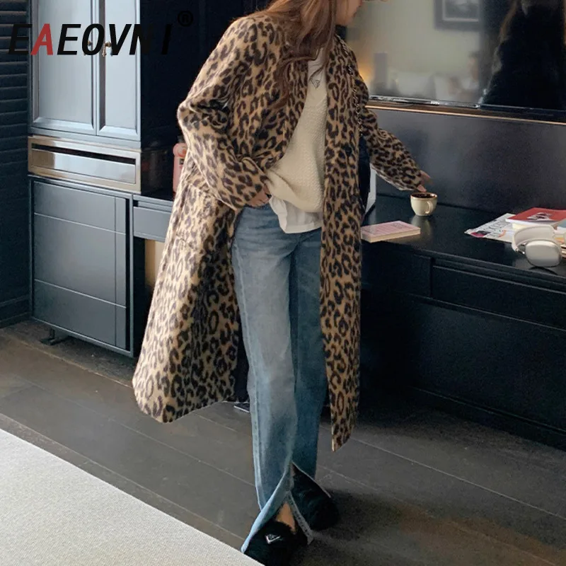 

EAEOVNI, новое зимнее леопардовое шерстяное длинное пальто, женская мода контрастного цвета, офисная женская верхняя одежда, куртка, уличная одежда