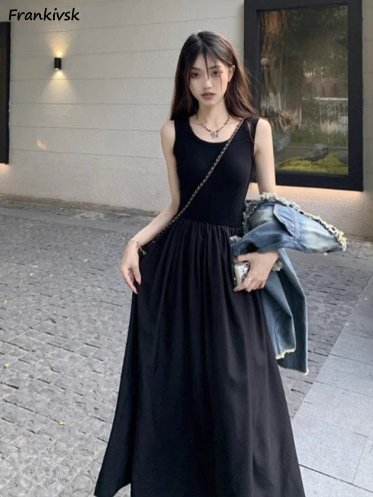 

Dresses Women Summer Solid All-match Fashion Casual Black European Style Comfortable Simple Streetwear O-Neck Students Chic New