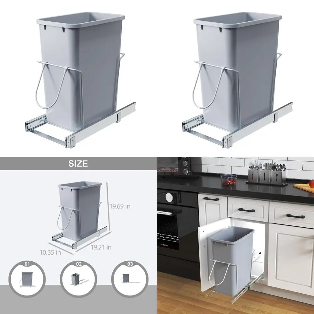 

35-Quart Pull-Out Trash Bin, Metal Frame, Grey, Fits Above 14 Cabinets