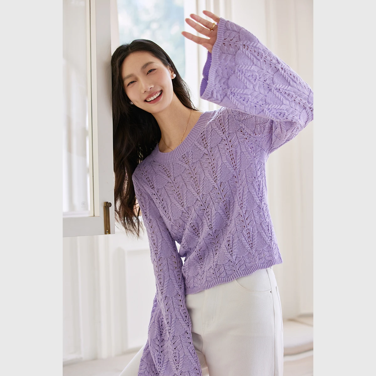 

VIMLY женский ажурный свитер, французский вязаный женский пуловер с круглым вырезом, осень 2021, элегантные женские джемперы с расклешенными рукавами 73920