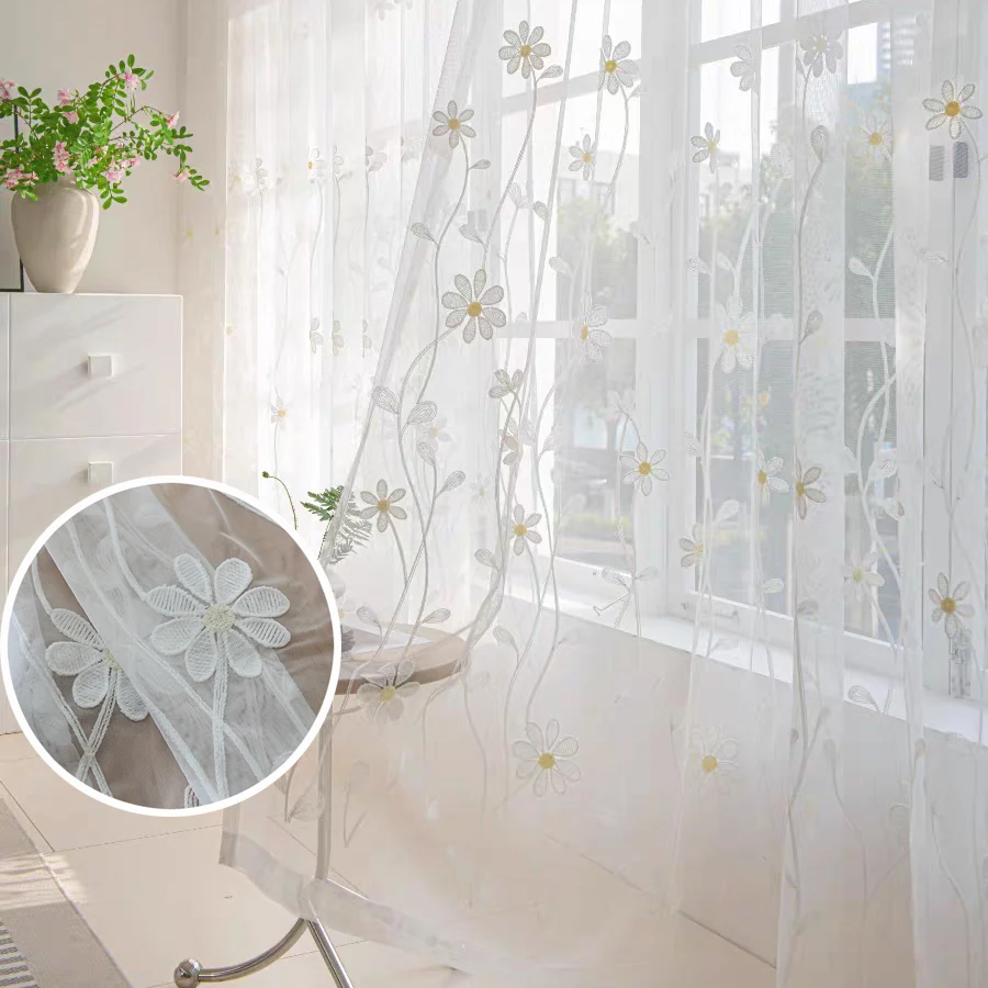 Cortina transparente Floral bordada blanca para comedor, sala de estar, dormitorio, Panel de cortina de gasa, cortinas para ventana, decoración de puerta corrediza de vidrio