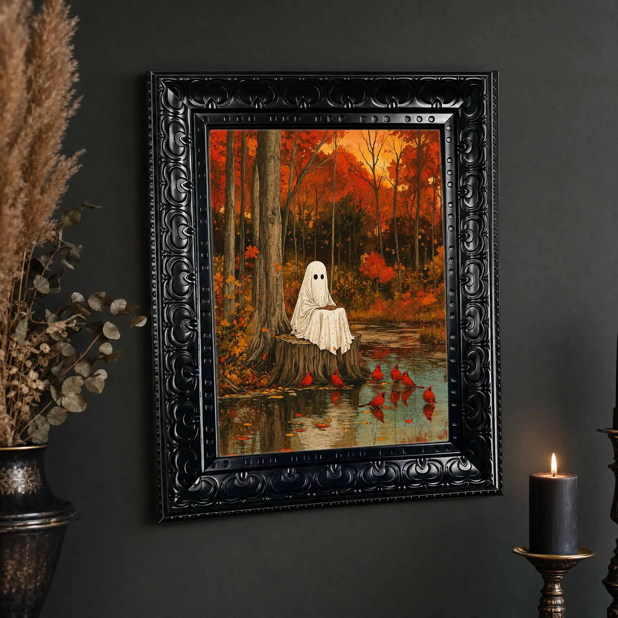 Framed Canvas Wall Art Vintage Ghost Autumn Forest Print, Red Cardinal Birds Painting for Halloween Fall Gothic Home Decor