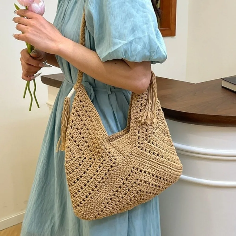 

Portable Bohemian Knitted Shoulder Bag Cotton Thread Solid Color Weave Handbag Storage Bag Hollowed Crochet Tote Bag Shopping