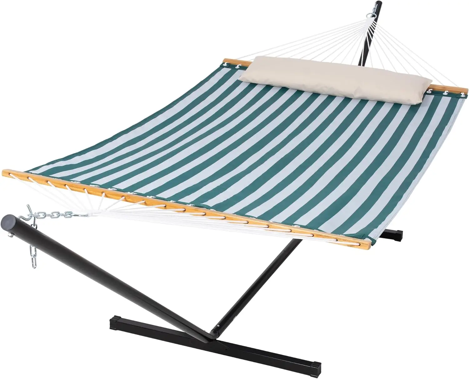 Quick Dry Hammock with Stand, 2 Person Outdoor Free Standing Hammock for Poolside, Garden, Backyard, Green Stripes