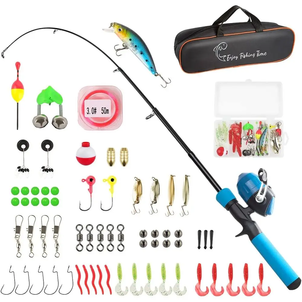 Kit de pesca telescópica para iniciantes, combinação de 59 hastes e carretilhas Spincast com caixa de equipamento, bolsa para crianças e bebês