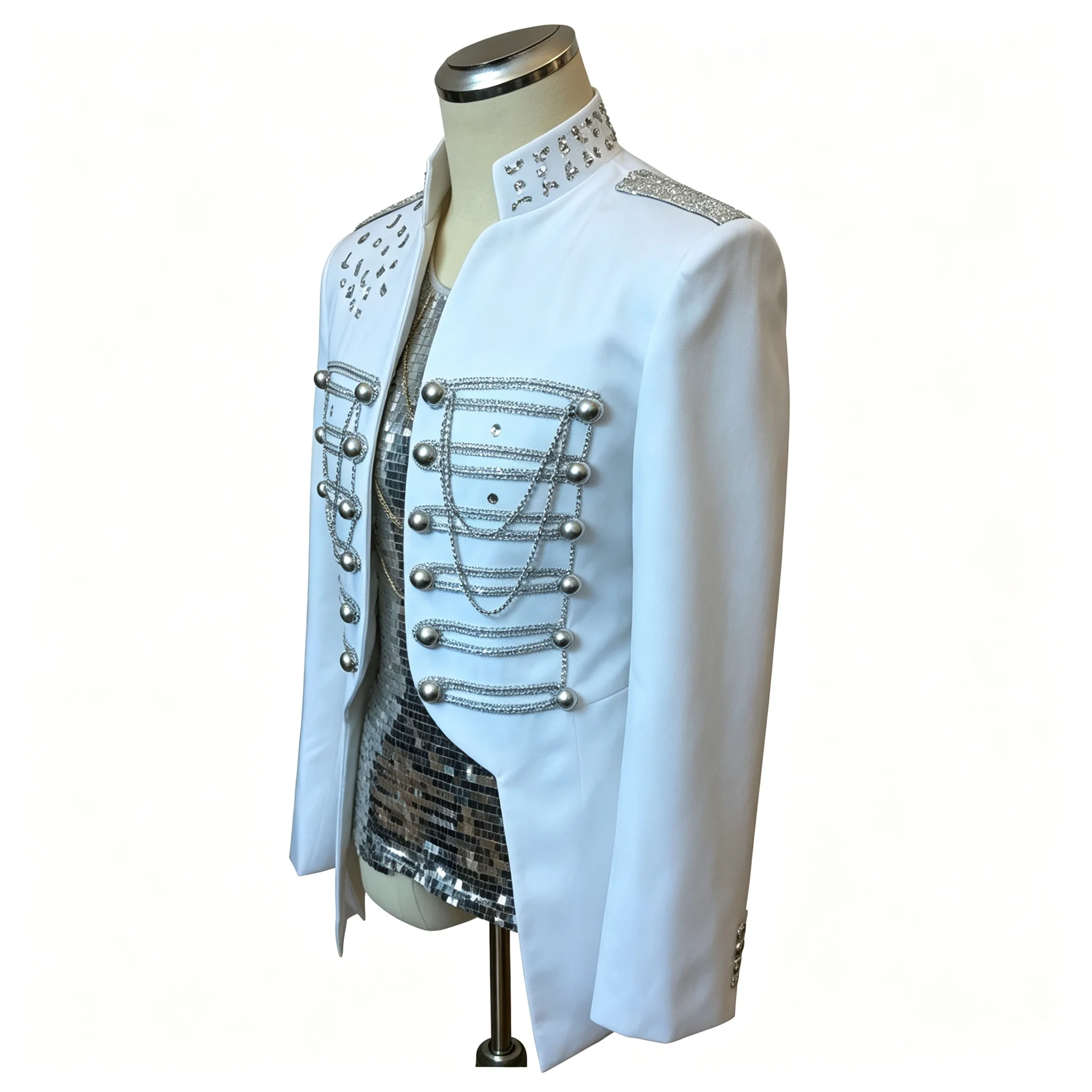 Male and Female Performance Jacket White Slim Fit Military Blazer with Silver Chain and Rivet Ornament for Party Live Show