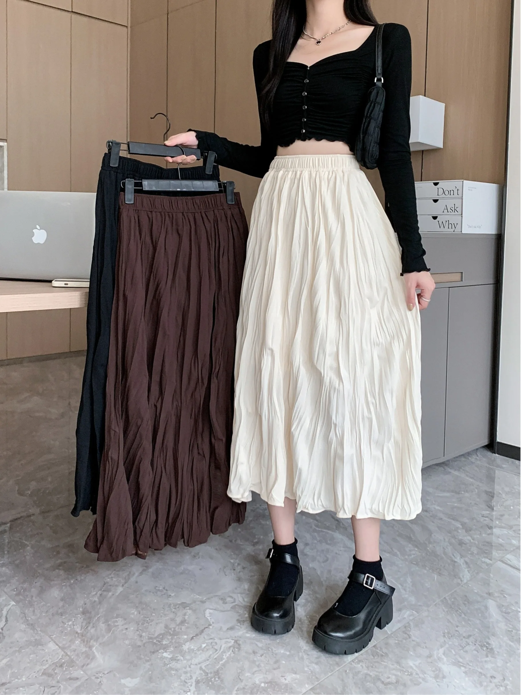 

plus Size Loose Simple Versatile Fat MM High Waist Conceal Slim Folded Half Body Skirt Draped mid Length Women's Skirt