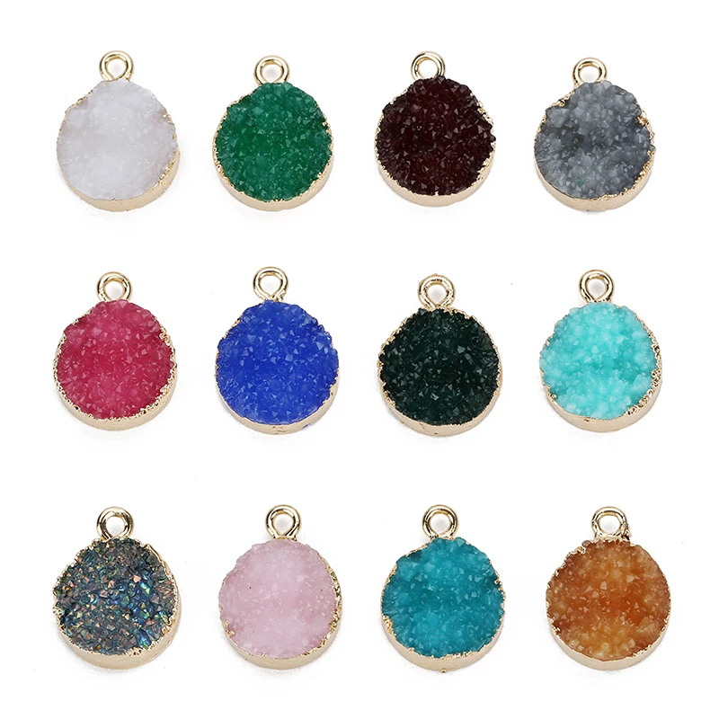 5pcs/Lot 13.5mm Druzy Quartz Resin Stone Charms For Jewelry Making Round Crystal Geode Small Charms Pendant DIY Bracelet