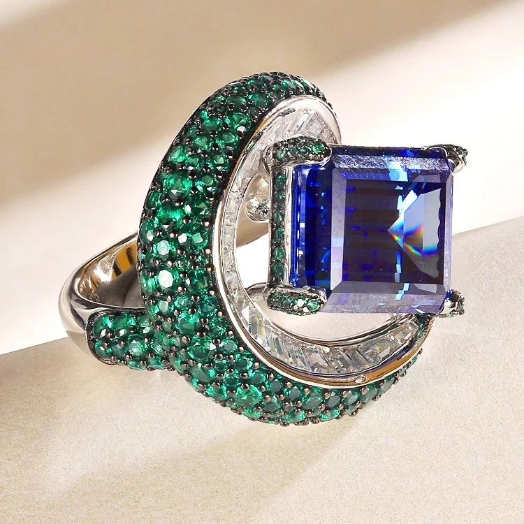 ARIGAYA High Craft S925 Sterling Silver With Black Zircon Sapphire Blue High Carbon Diamond Moon Rings Boutique Jewelry