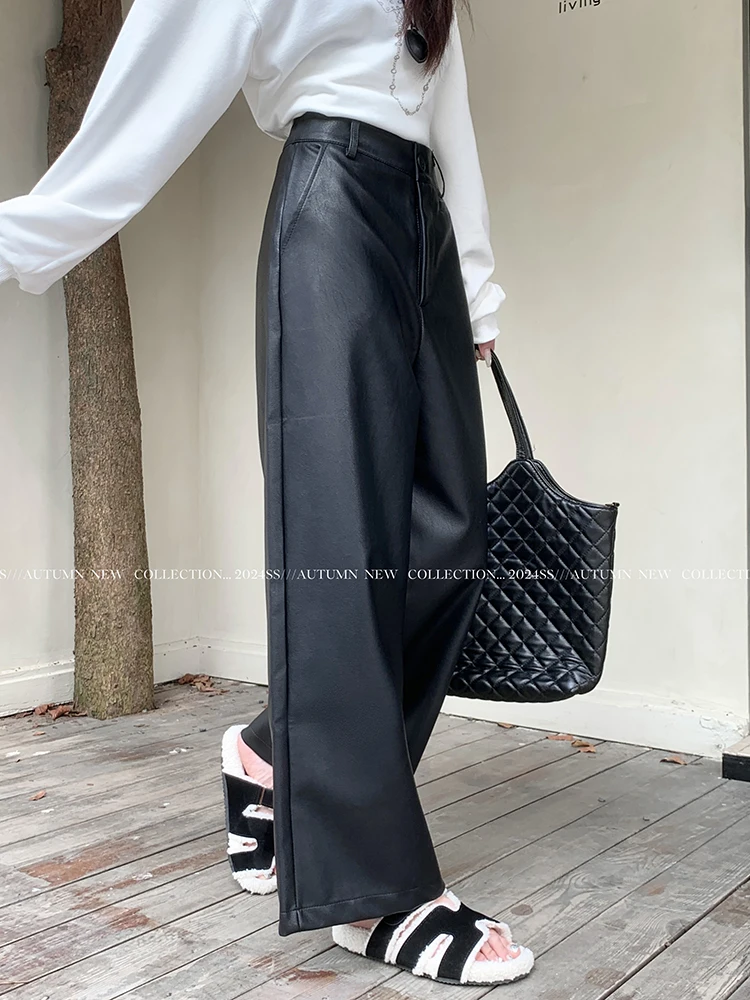 Vintage Micro Flare PU Leather Pants Women Casual Ankle-Length Pants Loose Wide Leg High Waist Autumn Winter Pants Pocket Pants