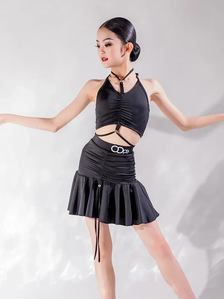 Costume de danse latine noir pour filles, vêtements d'entraînement d'été, robe de danse Salsa Rumba ChaCha, vêtements de Performance, jupe body
