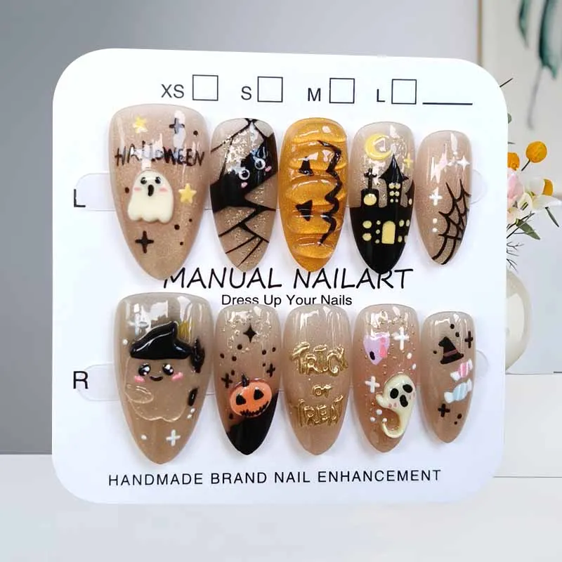 

10Pcs French Style Fashion Cute 3D Short Almond Halloween Main Picture Atmosphere Cat Eye Press On Nails Nail Patch False Nails