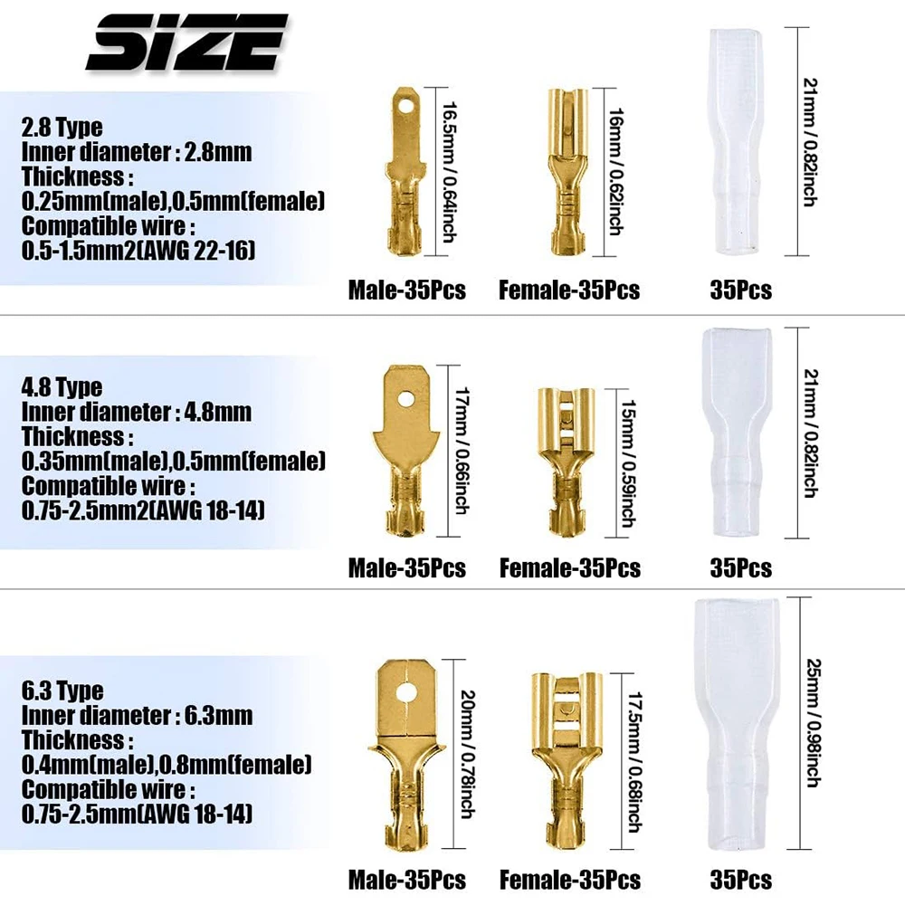 315Pcs 2.8mm 4.8mm 6.3mm Male/Female Wire Spade Connectors Terminals Crimper Kit with Crimping Pliers AWG26-16(0.5-1.5mm²)