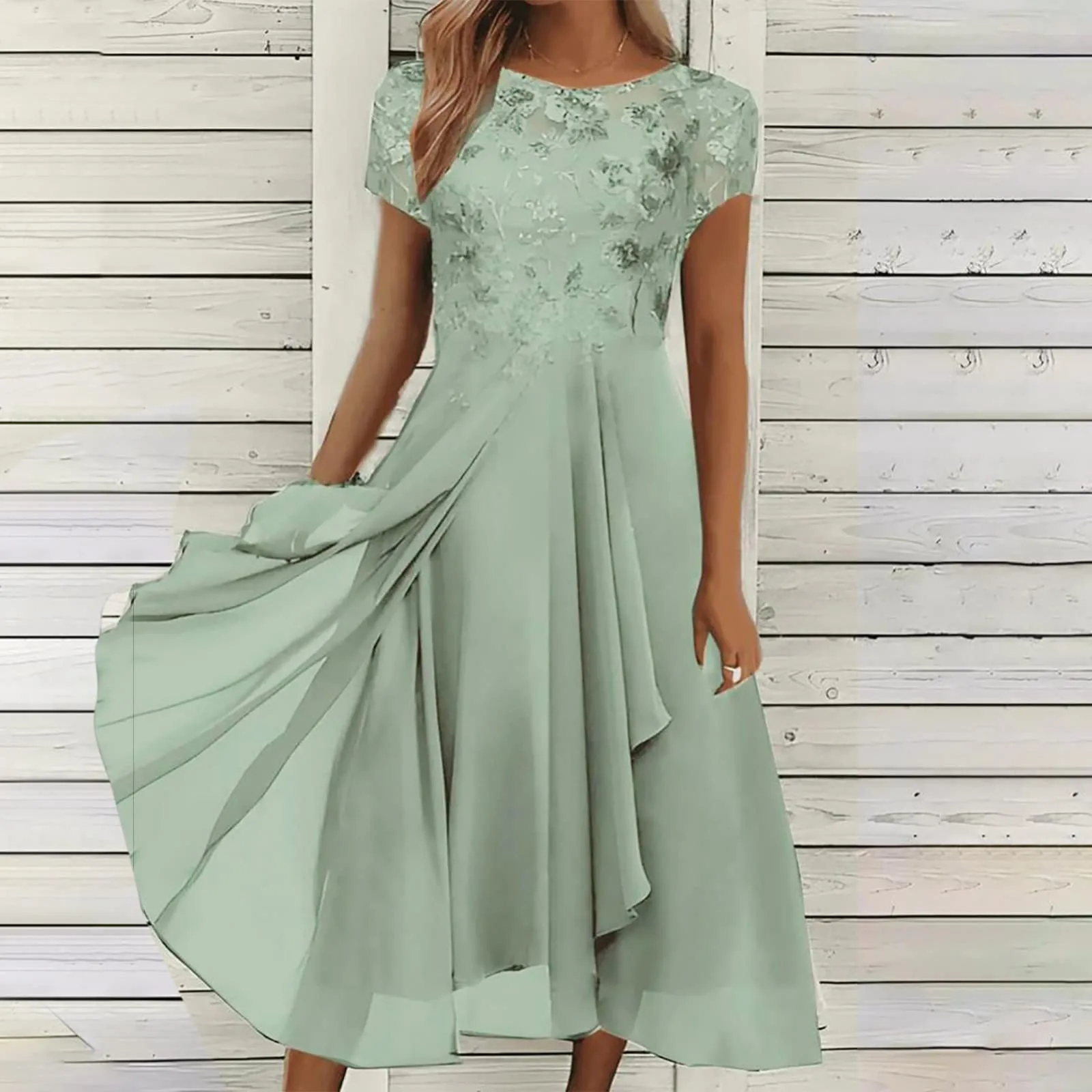 Dames Effen Kleur Chiffon Elegante Kanten Patchwork O-hals Jurk Mode Uitgesneden Korte Mouw Lange Jurk Bruidsmeisje Avondjurk