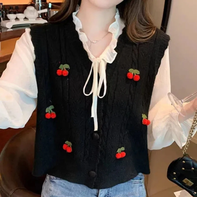 Women\'s Button Solid Color Sleeveless Sweater Knitted Vest Cardigan Coats Casual Fashion Spring Autumn Hook Flower Hollow Tops