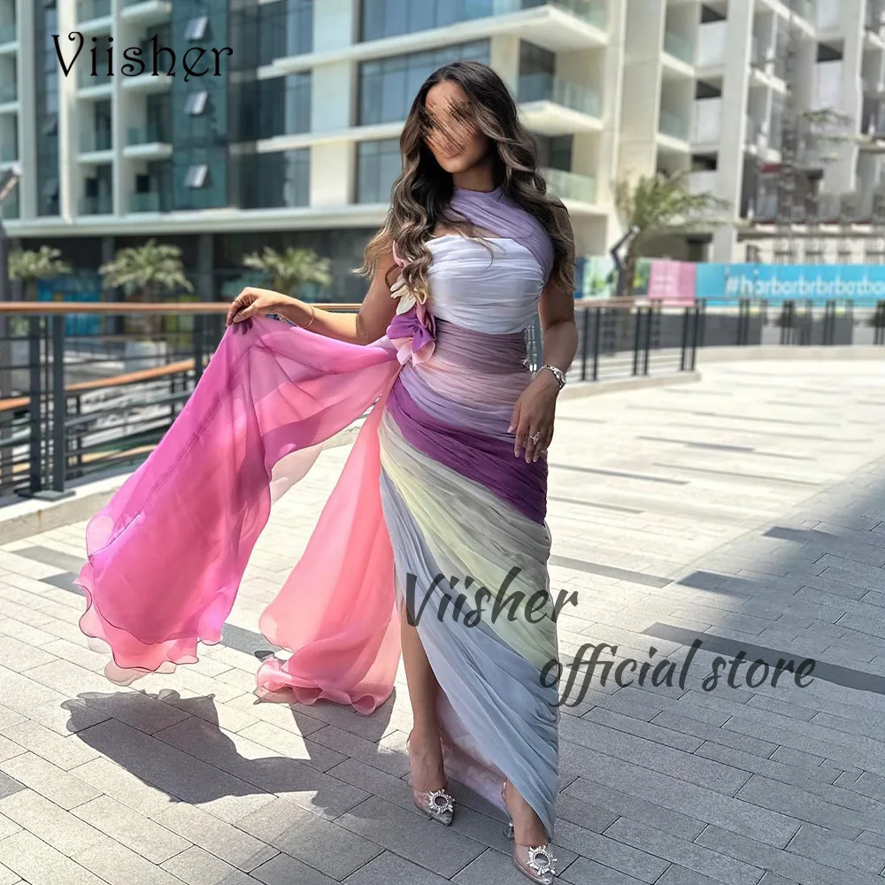 

Viisher Colorful Chiffon Mermaid Evening Dresses for Women One Shoulder Sexy Tight Prom Party Dress with Slit Arabic Formal Gown