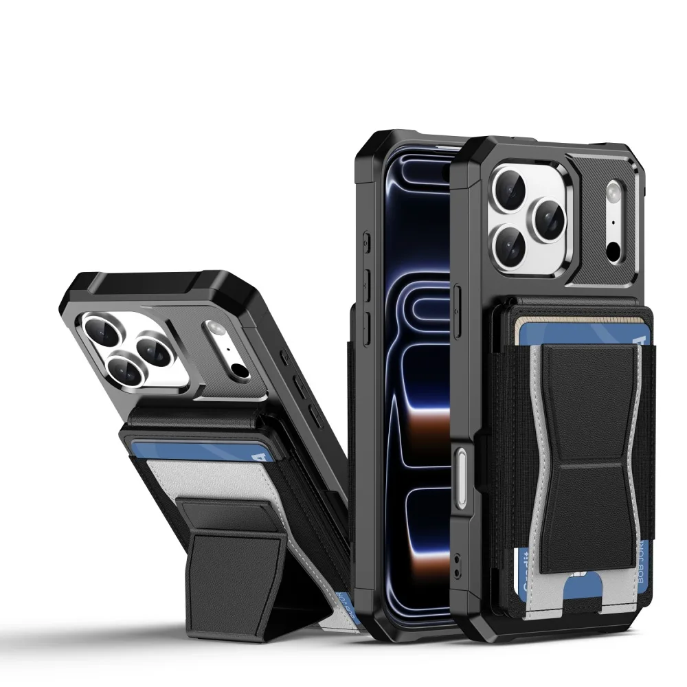Vertical Flip Card Slots Hard Phone Case for iPhone 18 17 Air 16e 15 14 Plus 13 12 Pro Max with Back Hidden Stand