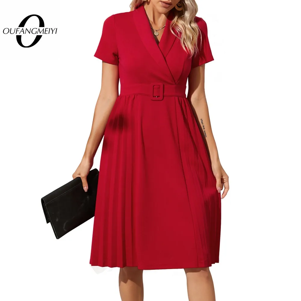 

Summer Women Chic Solid Red Color Dresses Formal Work Vintage Flare Swing Dress EA400