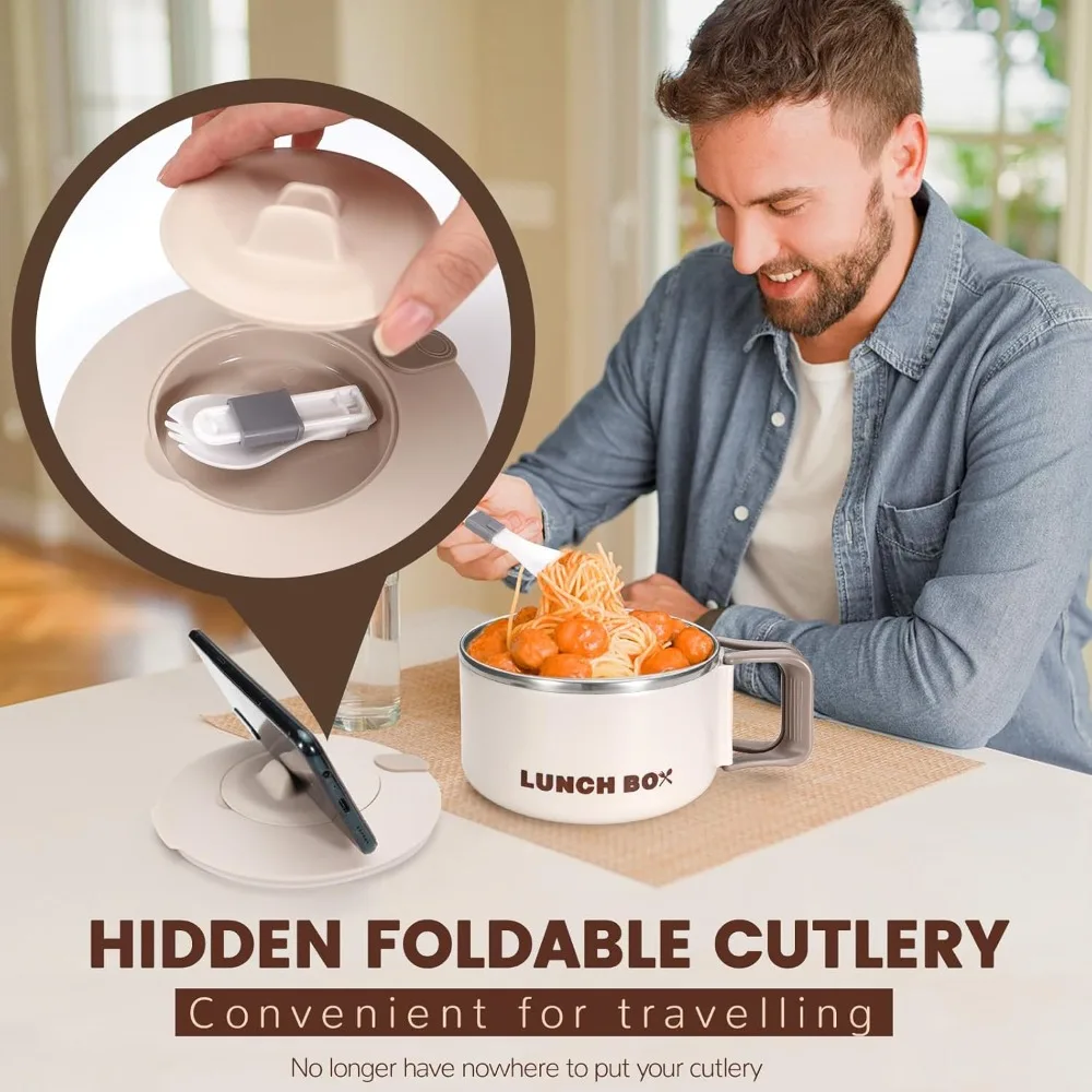 Lidded Handle Ramen Bowl with Stainless Steel Inner Container Microwave Safe Lunch Box for Instant Noodles Cooking Device