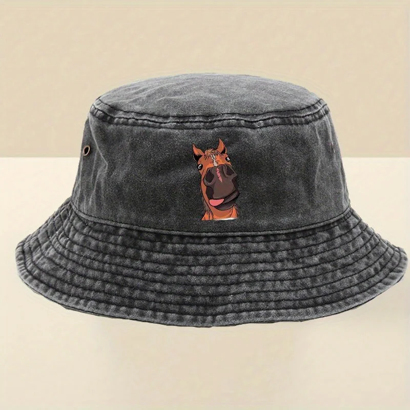 1 Unisex Cartoon Horse Head Pattern Bucket Hat, Suitable for Outdoor Activities, Is an Ideal Gift Choice, Perfect for Fishing, Hi